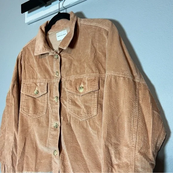 American Eagle Outfitters Corduroy Utility Shirt Jacket Cropped Medium Peach Tan - Picture 2 of 6